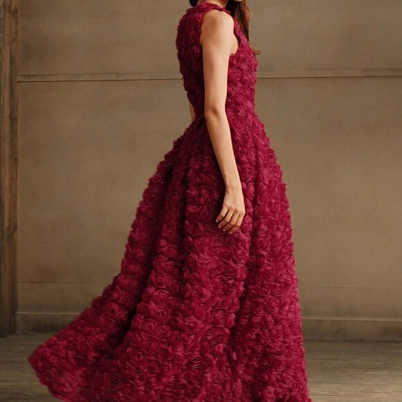 Red Elegant Women's Rose Floral Embellished Sleeveless Woven Formal Dress - Picture 6 of 6